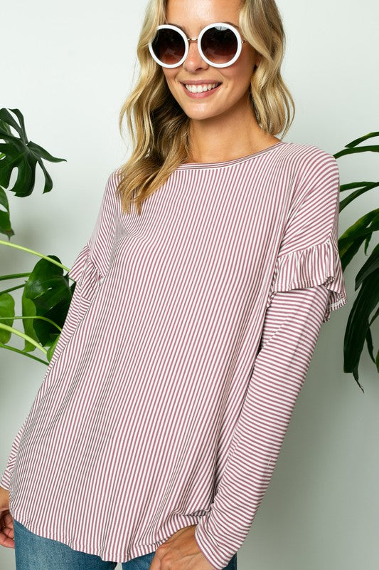 e Luna Pin Striped Ruffled Long Sleeve Top