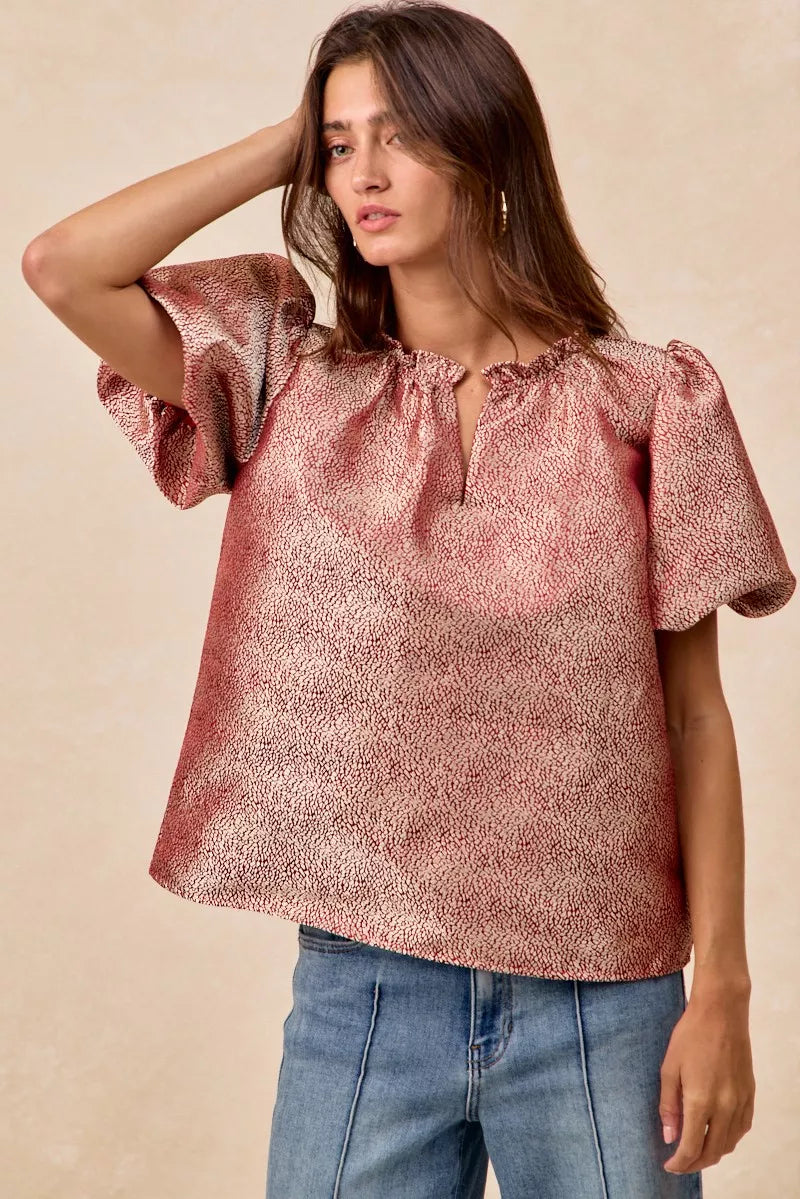 BiBi Jacquard Woven Short Balloon Sleeves V Neck Top