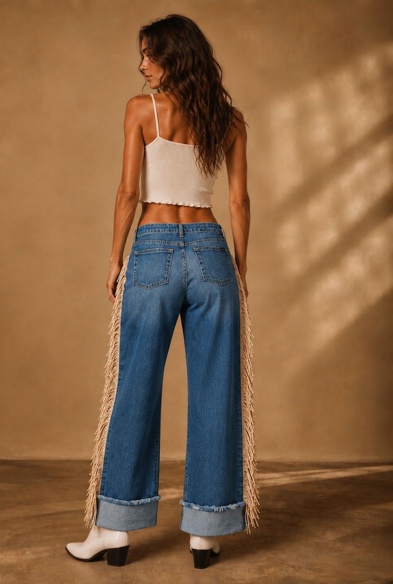 GJG Denim Canyon Cowgirl Fringe Wide Leg Jeans
