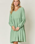 Double Take Full Size V-Neck Balloon Sleeve Tiered Dress with Pockets