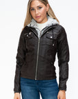 YMI Removable Faux Layered Multi-Pocket Jacket with Fuzzy Hood