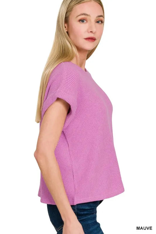 Zenana Rolled Sleeve Top and Pants Sweater Set in Mauve