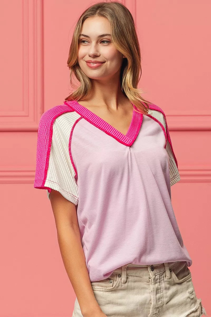 BiBi Cord Rib Combo V Neck Jersey Knit Top
