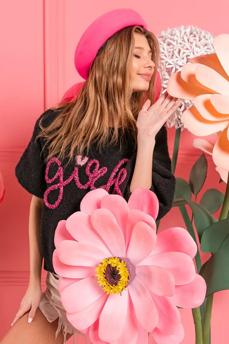 BiBi Metallic Letter Short Puff Sleeve Hairy Sweater