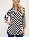 Celeste Full Size Curved Hem Checkered Notched Blouse