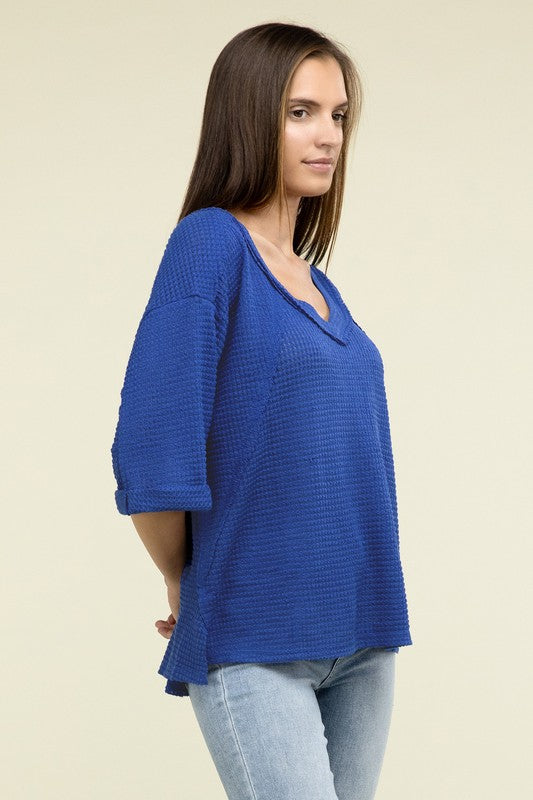 Zenana Brushed Waffle Exposed-Seam 3/4 Sleeve Top