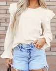 Beige Ruffled Flounce Sleeve Corduroy Blouse