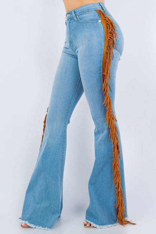 GJG Denim Fringe Bell Bottom In Light Blue