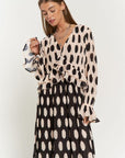 Davi & Dani Polka Dot Ruffled Long Sleeve Pleated Maxi Dress