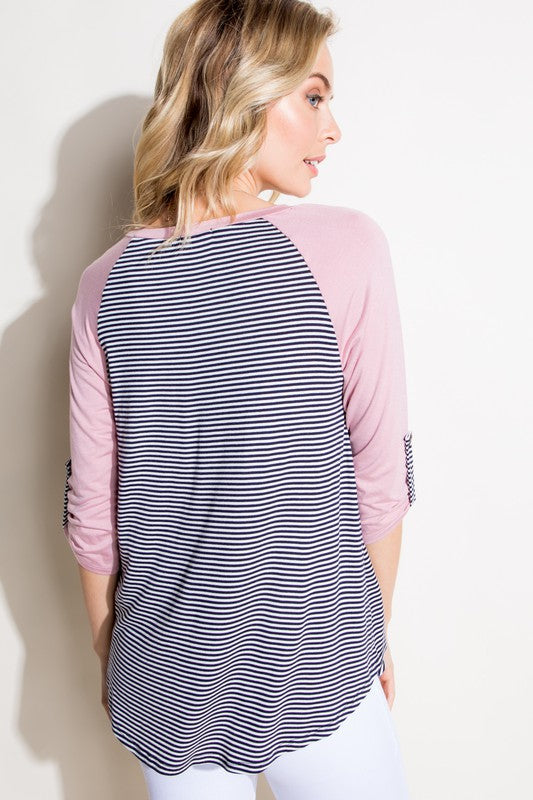 e Luna Striped Solid Roll Up Sleeve Top