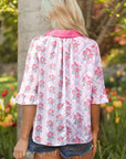 Floral Collared V-Neck Ruffle 3/4 Sleeve Shirt