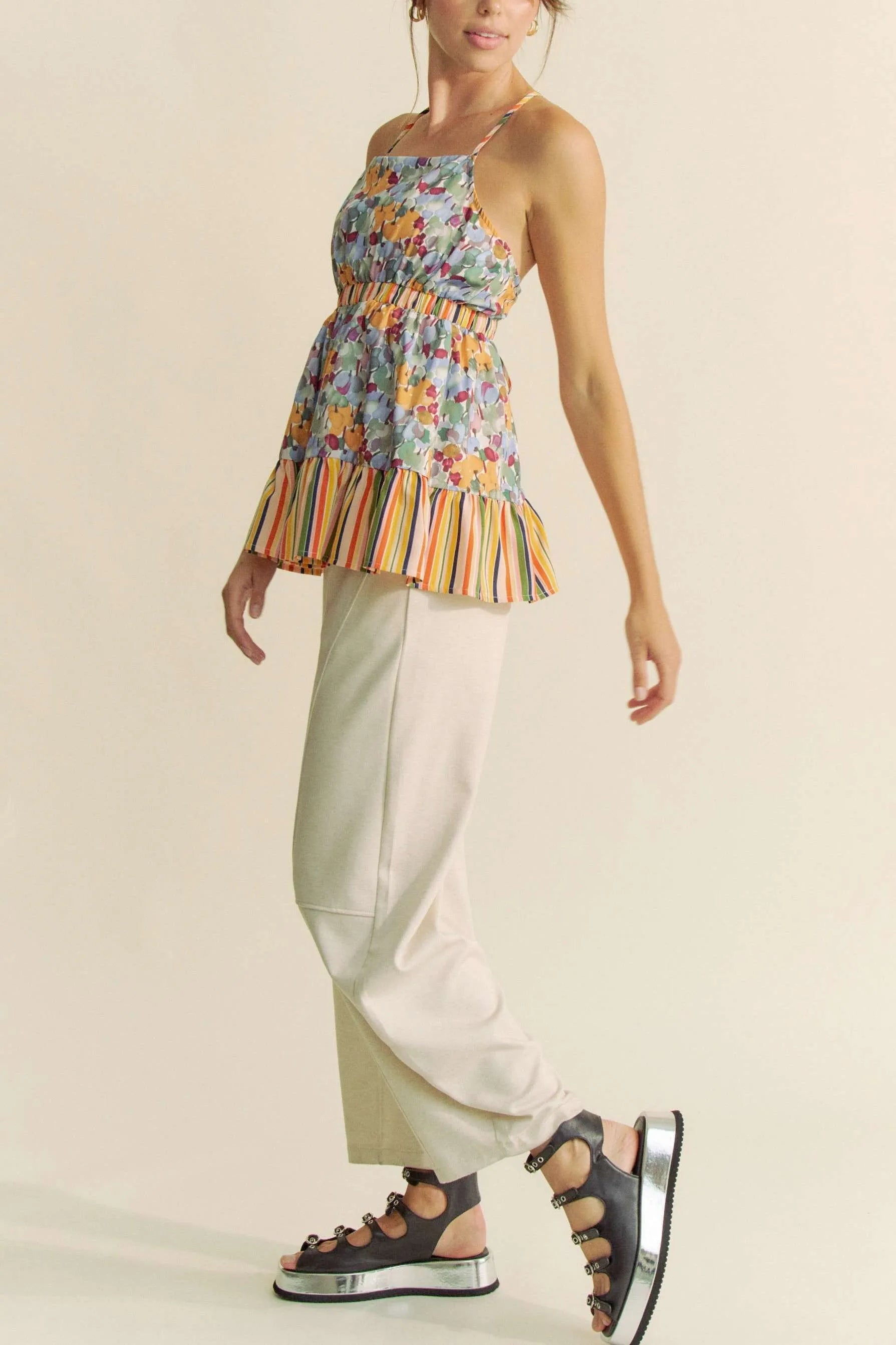 Davi & Dani Floral Smocked Sleeveless Ruffle Back Tie Top