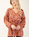 Celeste Full Size Floral V-Neck Balloon Sleeve Blouse