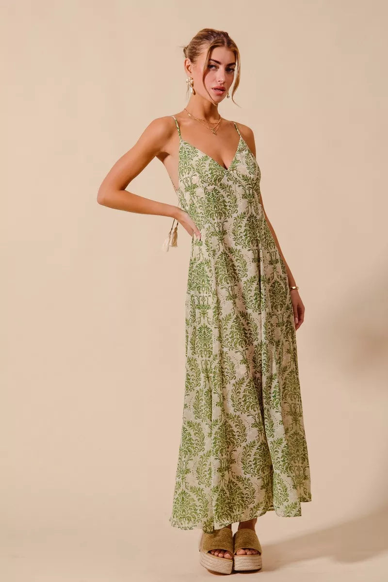 SO ME Damask Floral Summer Maxi Flowy Dress With Open Back