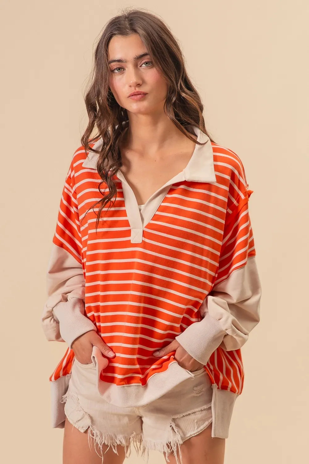 BiBi Stripe Knit Loose Fit Top With Cut Edge Detail in Orange