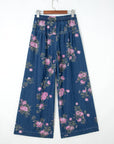 Floral Denim Pleated Tie Waist Wide Leg Jeans