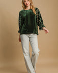 Umgee Polka Dot Lace Long Sleeve Round Neck Blouse