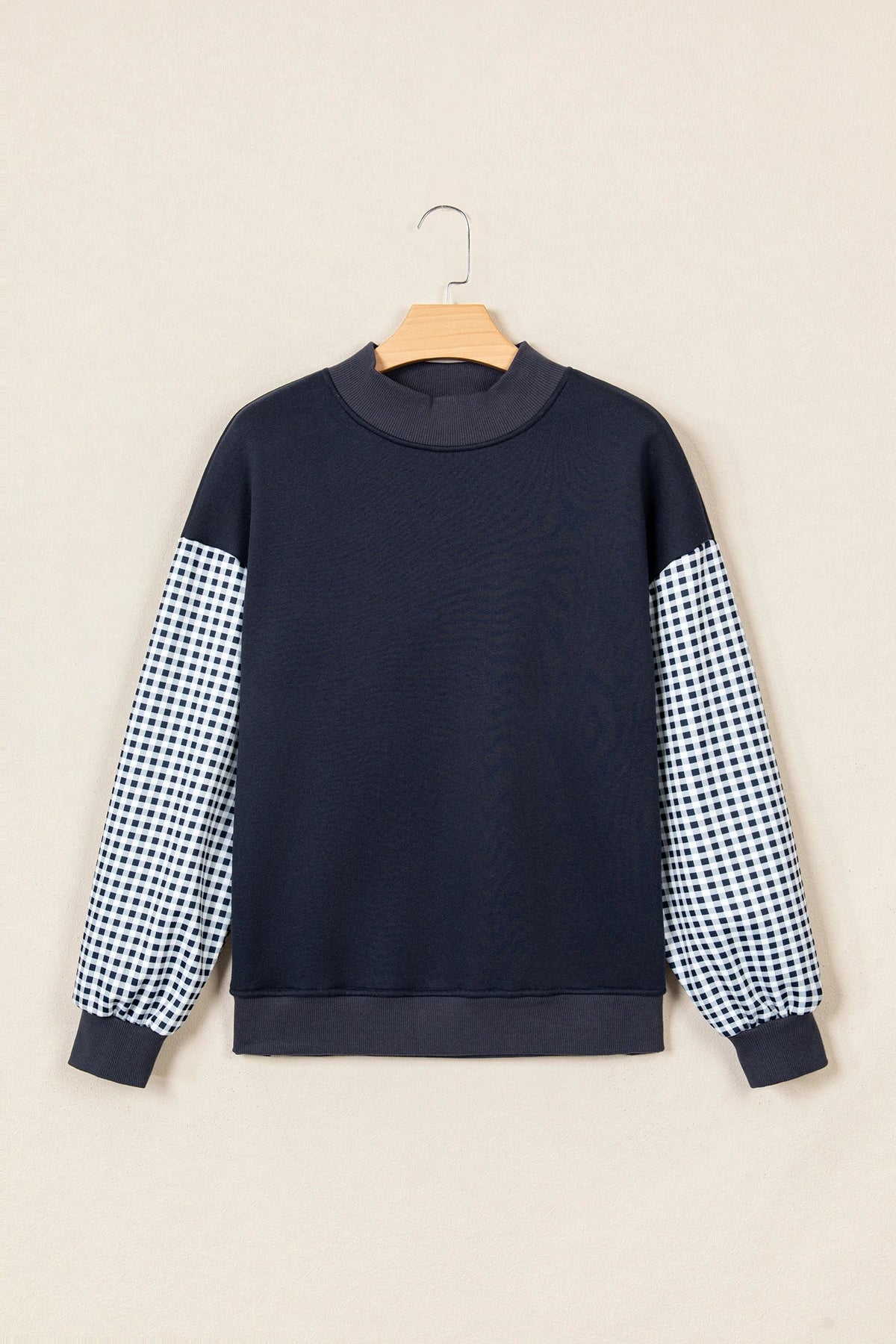 Navy Gingham Sleeve Mock Neck Sweatshirt