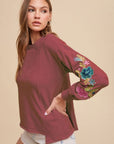 Annie Wear Embroidered Long Sleeve French Terry Top