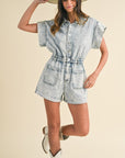 Annie Wear Elastic Waistband Short Sleeve Denim Romper