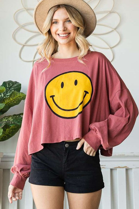 Jade By Jane Smiley Face Long Sleeve Crop Top