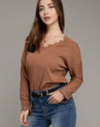 Lace Trim V Neck Long Sleeve Top