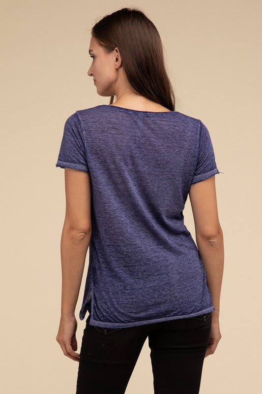 ZENANA Washed Melange Burnout Scoop V-Neck Top