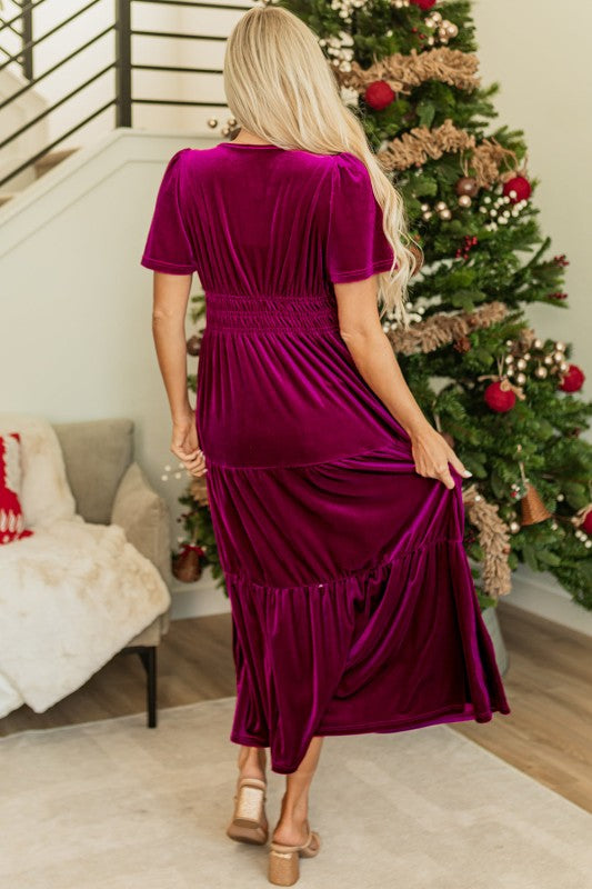 Velvet Shirred Waist Tiered Maxi Dress