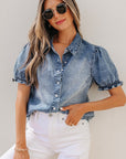 Denim Frilled Short Sleeve Snap Button Shirt