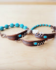 Round Blue Turquoise Beaded Bracelet on Copper Feather 810t