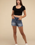 ZENANA Mid Rise Raw Frayed Hem Denim Shorts