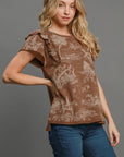 Umgee Ruffled Landscape Print Short Sleeve French Terry Top