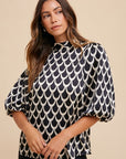 Annie Wear Tie Back Abstract Print Mock Neck Half Sleeve Blouse