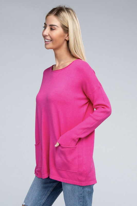 Zenana Viscose Front Pockets Sweater