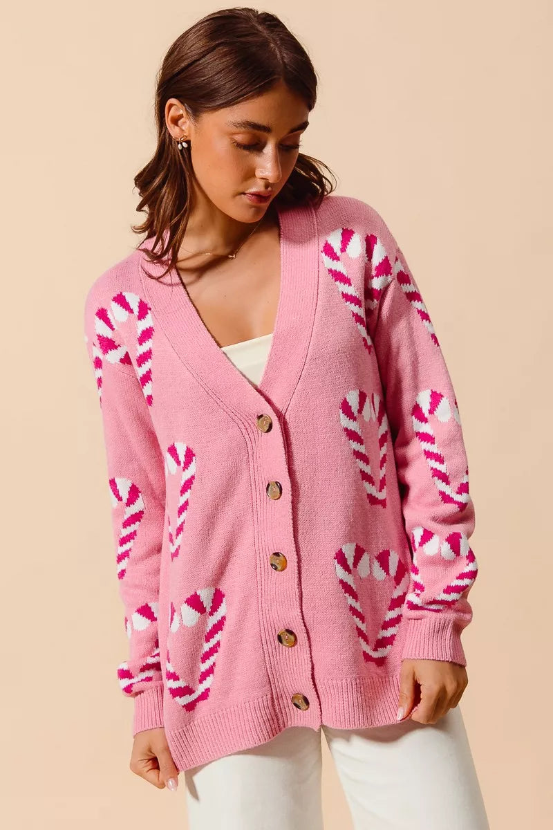 SO ME Christmas Candy Cane Button Front Sweater Cardigan