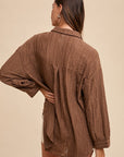 Annie Wear Openwork Button Down Drop Shoulder Shirt