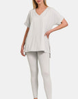 Zenana V-Neck Rolled Short Sleeve T-Shirt and Leggings Lounge Set