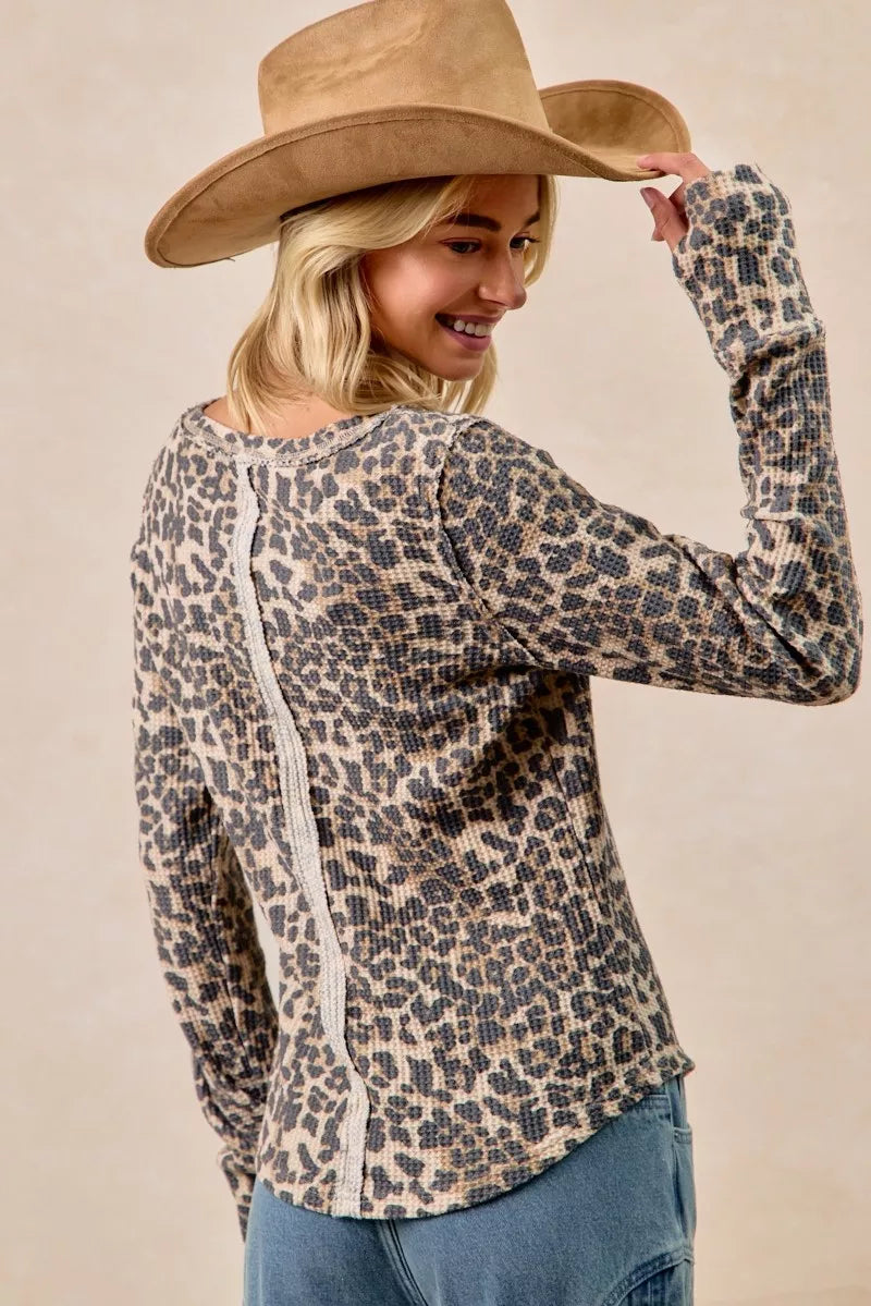 BiBi Leopard Print Washed Waffle Thermal Top with Thumb