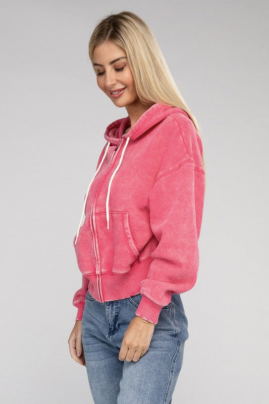 ZENANA Acid Wash Fleece Cropped Zip-Up Hoodie