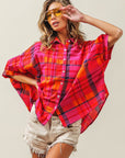 BiBi Button Up Dolman Sleeve Plaid Shirt