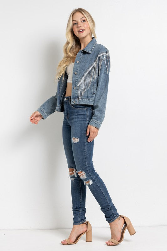 Cropped Denim Jacket with Rhinestone Fringe