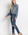 Cropped Denim Jacket with Rhinestone Fringe