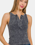 Zenana Washed Ribbed Half Snap Seamless Tank