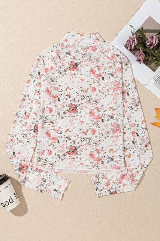 Floral Mesh Long Sleeve Mock Neck Top