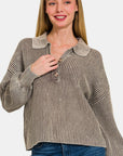 Zenana Washed Half Button Long Sleeve Sweater