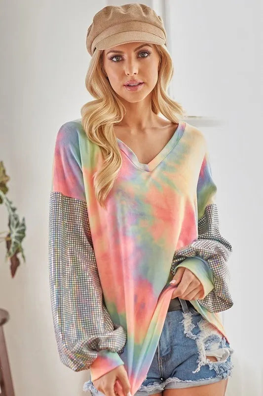 BiBi V Neck Tie Dye French Terry Top with Shiny