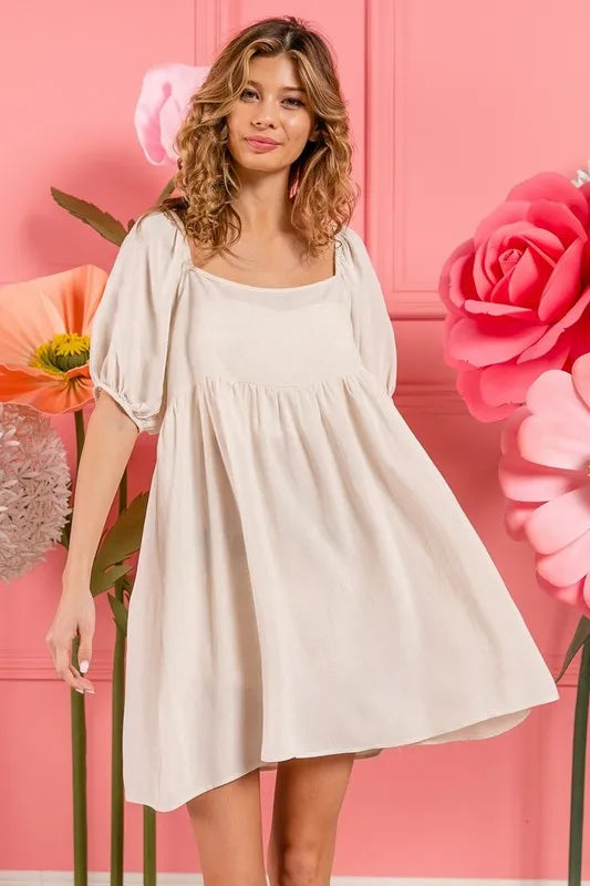 BiBi Washed Linen Tiered Midi Dress with Puff Sleeves