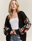 ADORA Full Size Contrast Crochet Open Front Long Sleeve Cardigan Plus Size