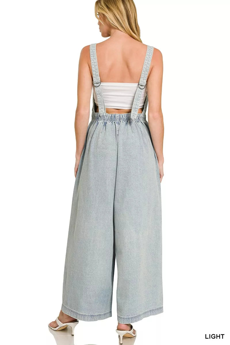 Zenana Denim Light Washed Wide Leg Overalls