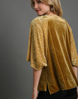 Umgee Round Neck Leopard Balloon Sleeve Velvet Top